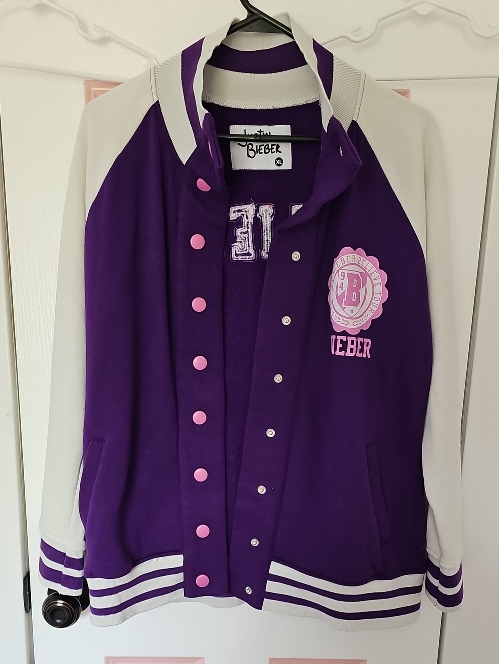 Justin Bieber Purple & White Varsity-Style Jacket with Pink Accents Girls XL